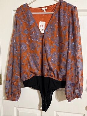 Buckle Rust Orange and Lavender Floral Wrap Bodysuit